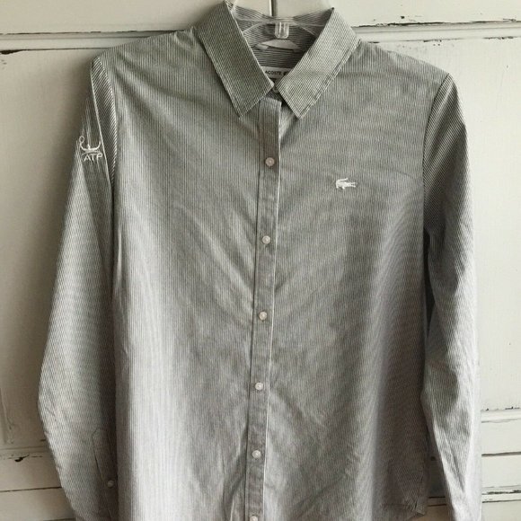 NEW Lacoste Gray Striped Button Shirt Size 40 US Large 8 ATP Branded Tennis EP - Picture 1 of 4